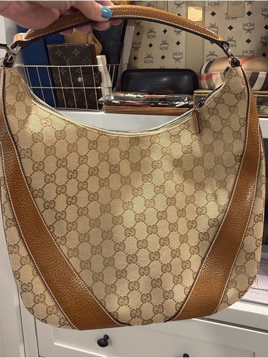 Gucci Handbags - Gucci Beige GG Canvas Shoulder Bag with Tan Leather Trim